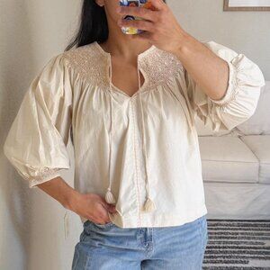 Evereve Cream Tie Neck Embroidered Short Sleeve Blouse